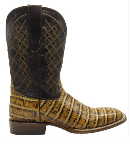 Silverton Crocodile Belly Print Leather Wide Square Toe Boots (Honey)
