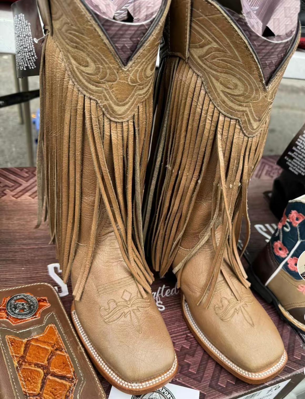 Chloe Fringe All Leather Wide Square Toe tall Boots (beige/black )
