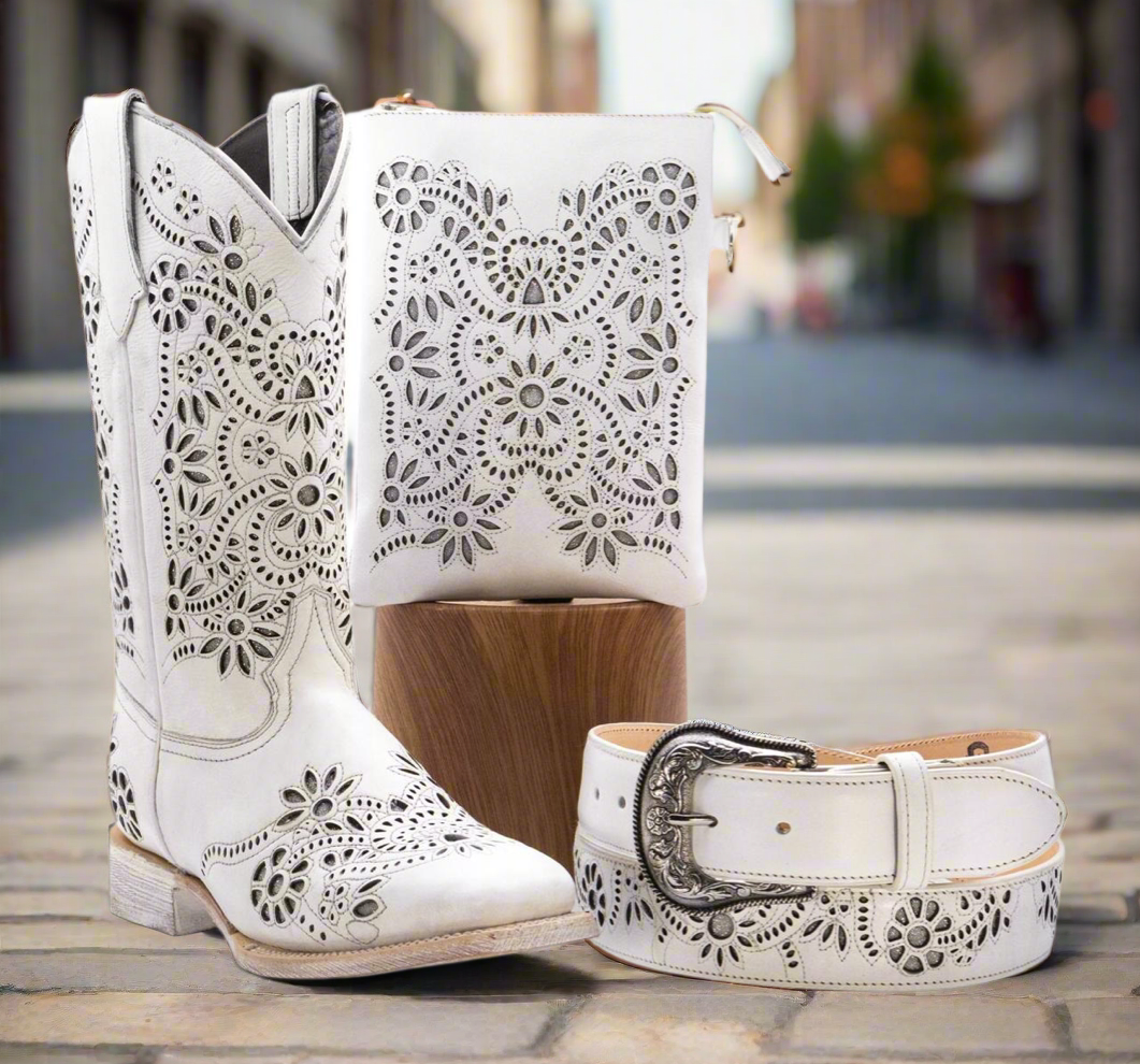 Combo Correa Botas Y Cartera Blanco