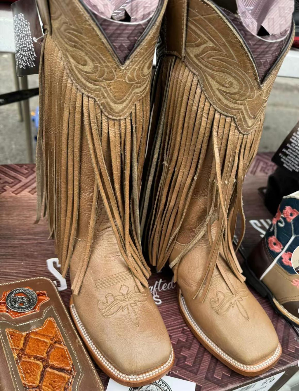 Chloe Fringe All Leather Wide Square Toe tall Boots (beige/black )